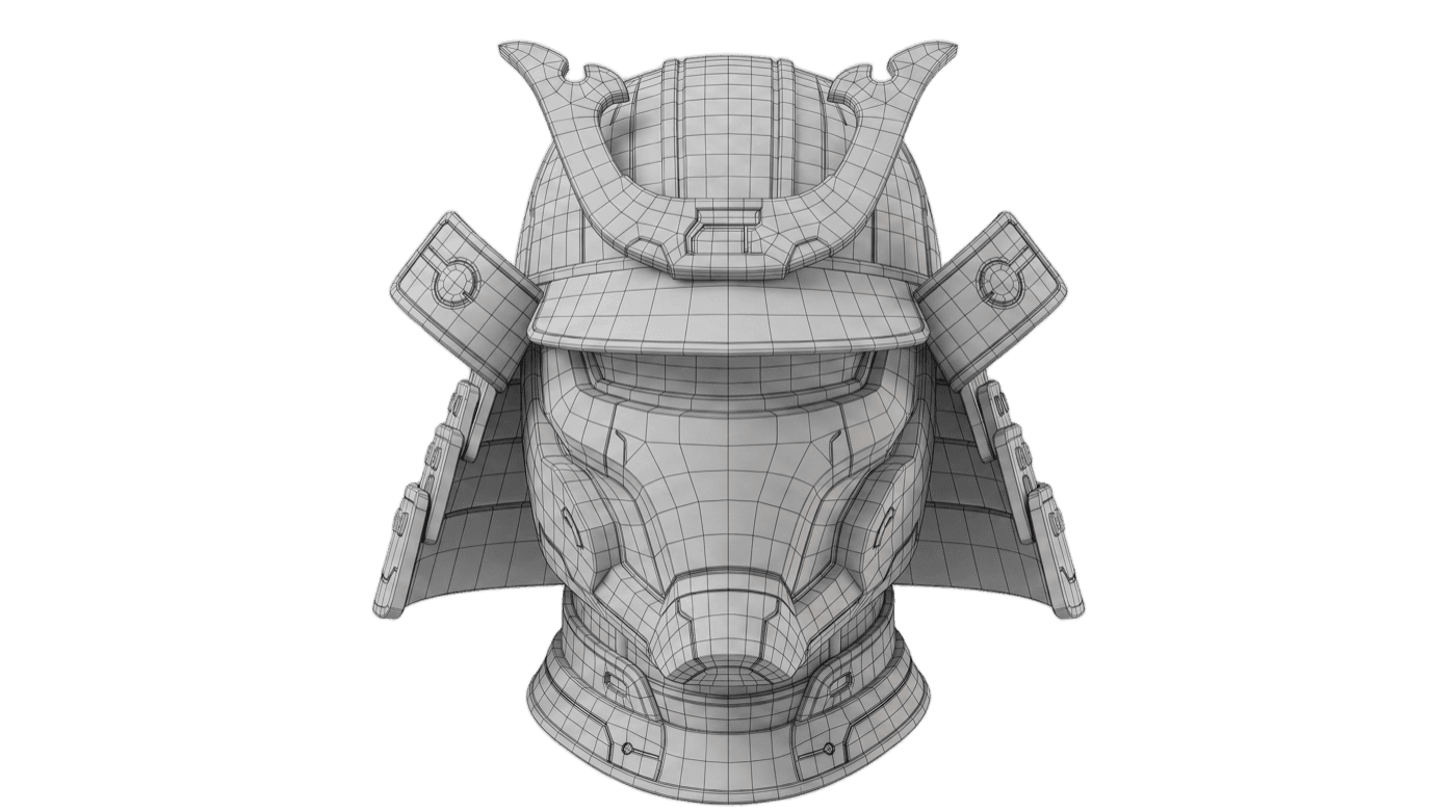 3D wireframe mesh of a samurai helmet generated in Lychee