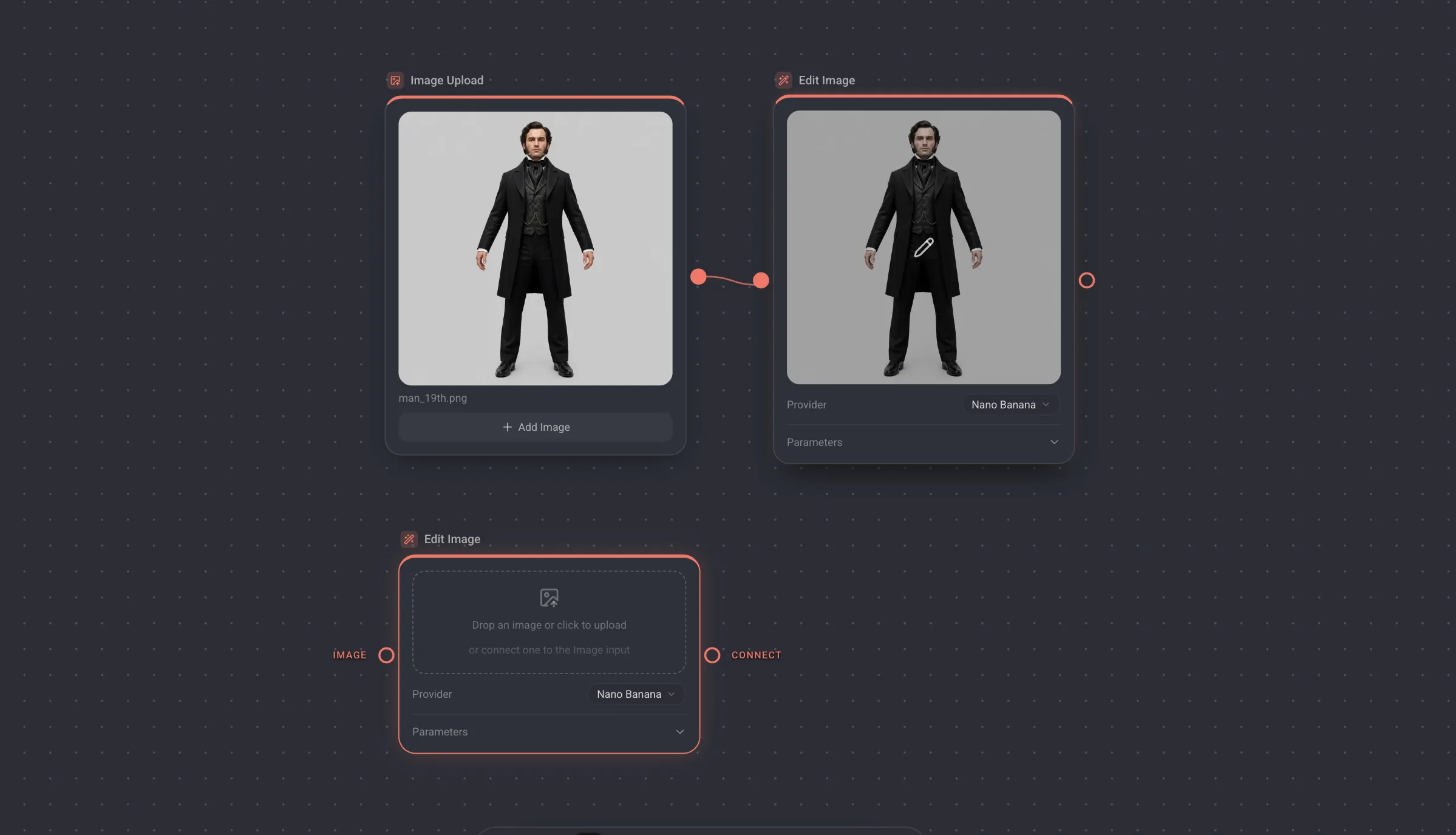 Two ways to feed an Edit Image node on the canvas: an Image Upload node wired into it, and a standalone Edit Image node waiting for a file to be dropped on it.