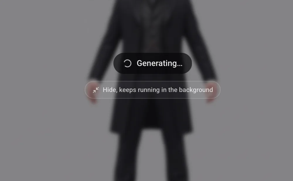 An image mid-edit, blurred behind a Generating badge and the "Hide, keeps running in the background" button.