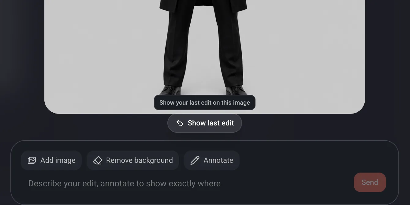 The Show last edit pill under an image in the editing view, its tooltip reading 'Show your last edit on this image', above the prompt composer.