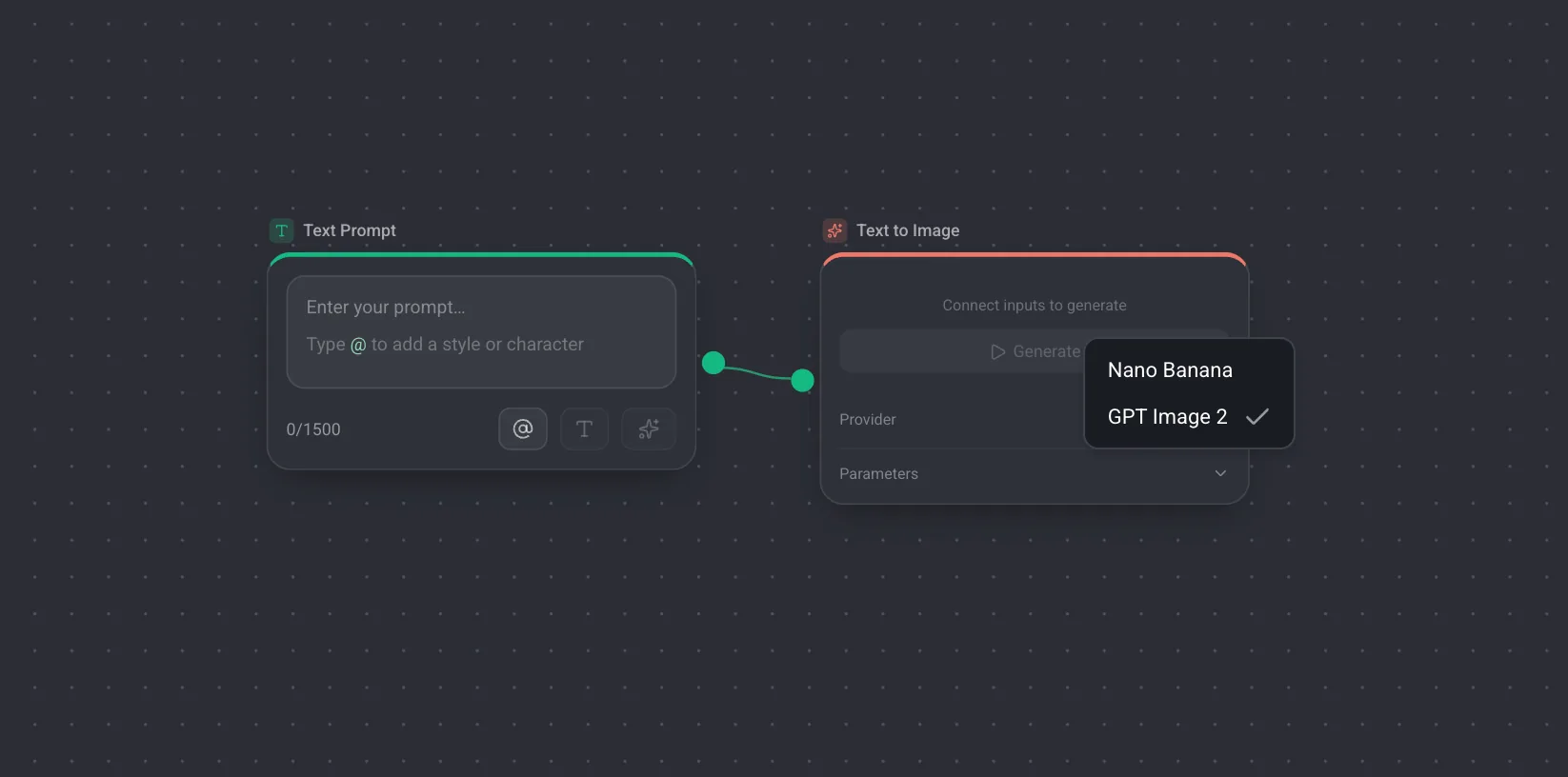 An image node's settings open on the canvas, the provider list showing GPT Image 2 and Nano Banana.