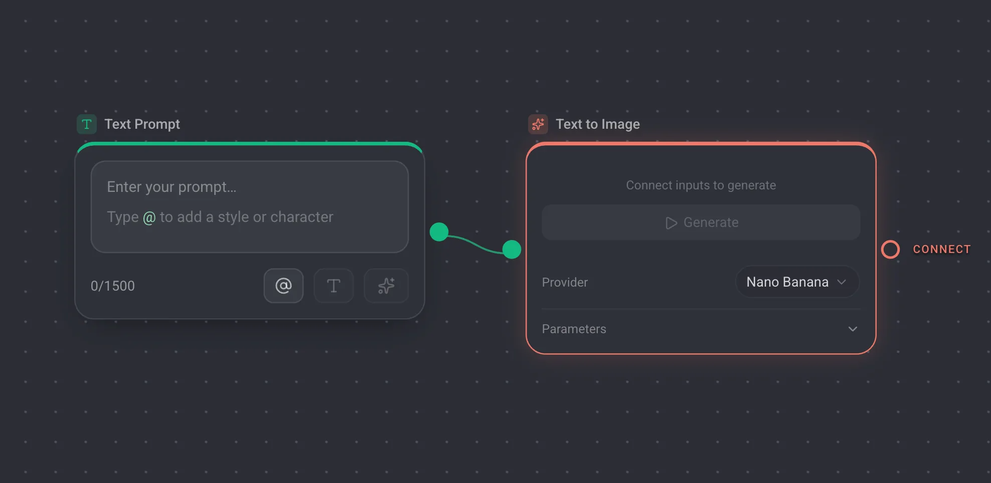 A canvas holding a Text Prompt node wired into an empty Text to Image node.