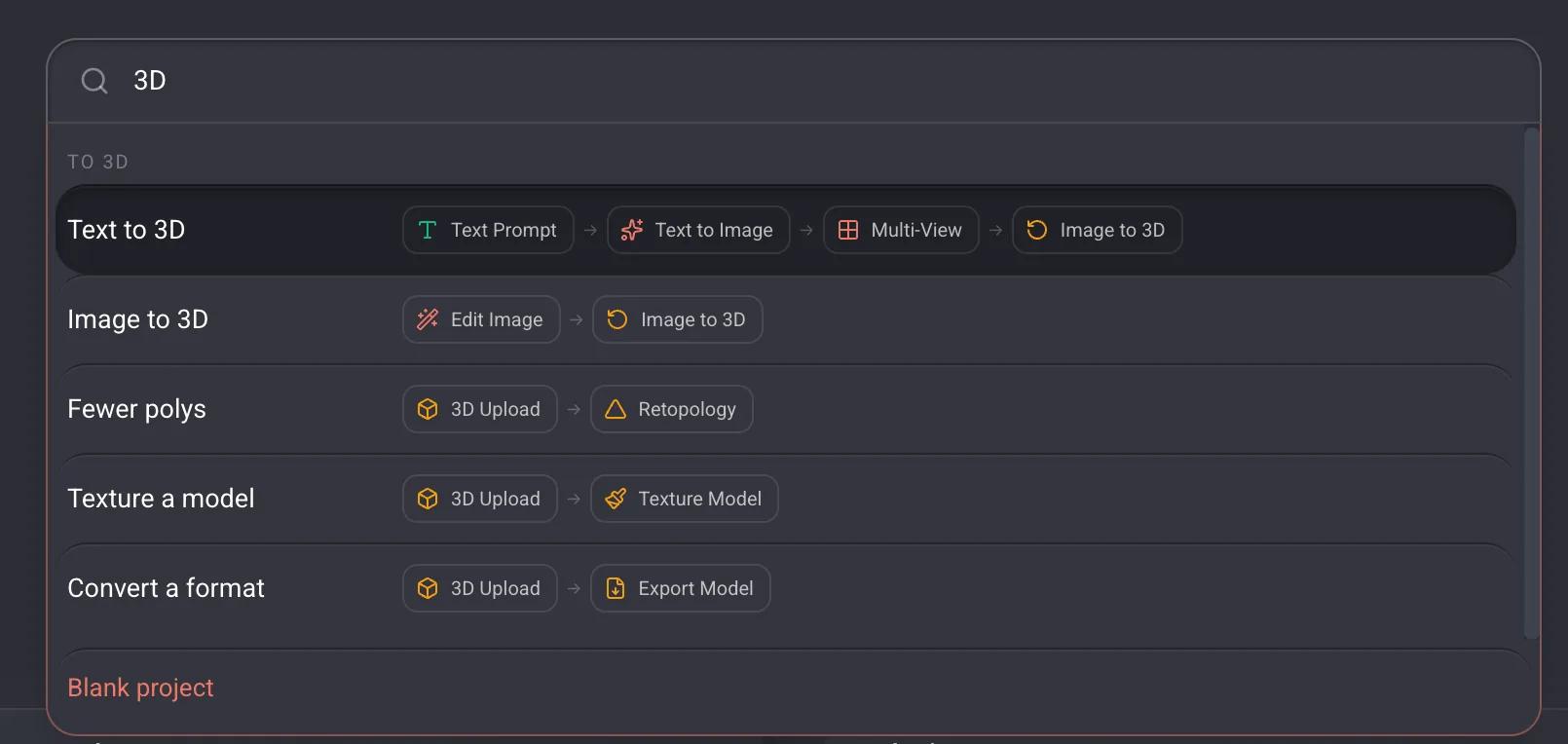 The Home pipeline picker open, showing pipelines grouped by output type.