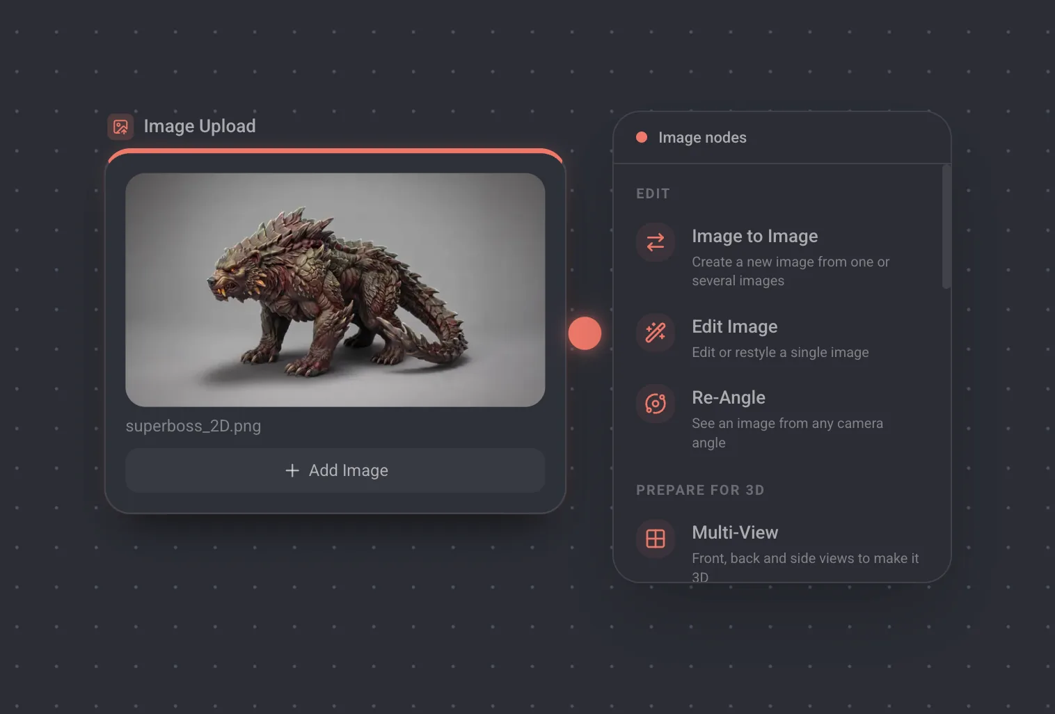 The port menu open next to an image output, listing the nodes that accept an image.