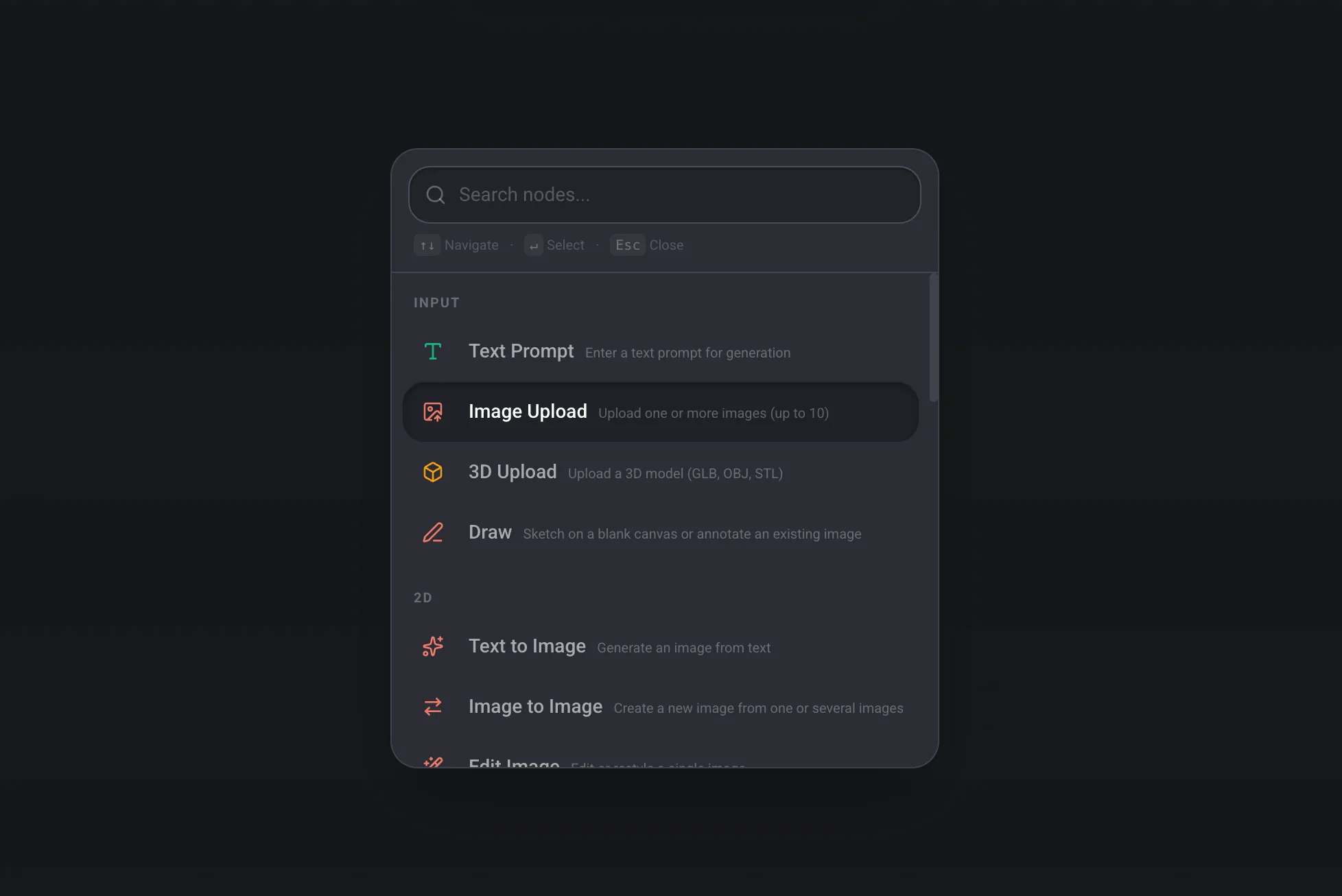 The add node search panel open on the canvas with results filtered by a query.