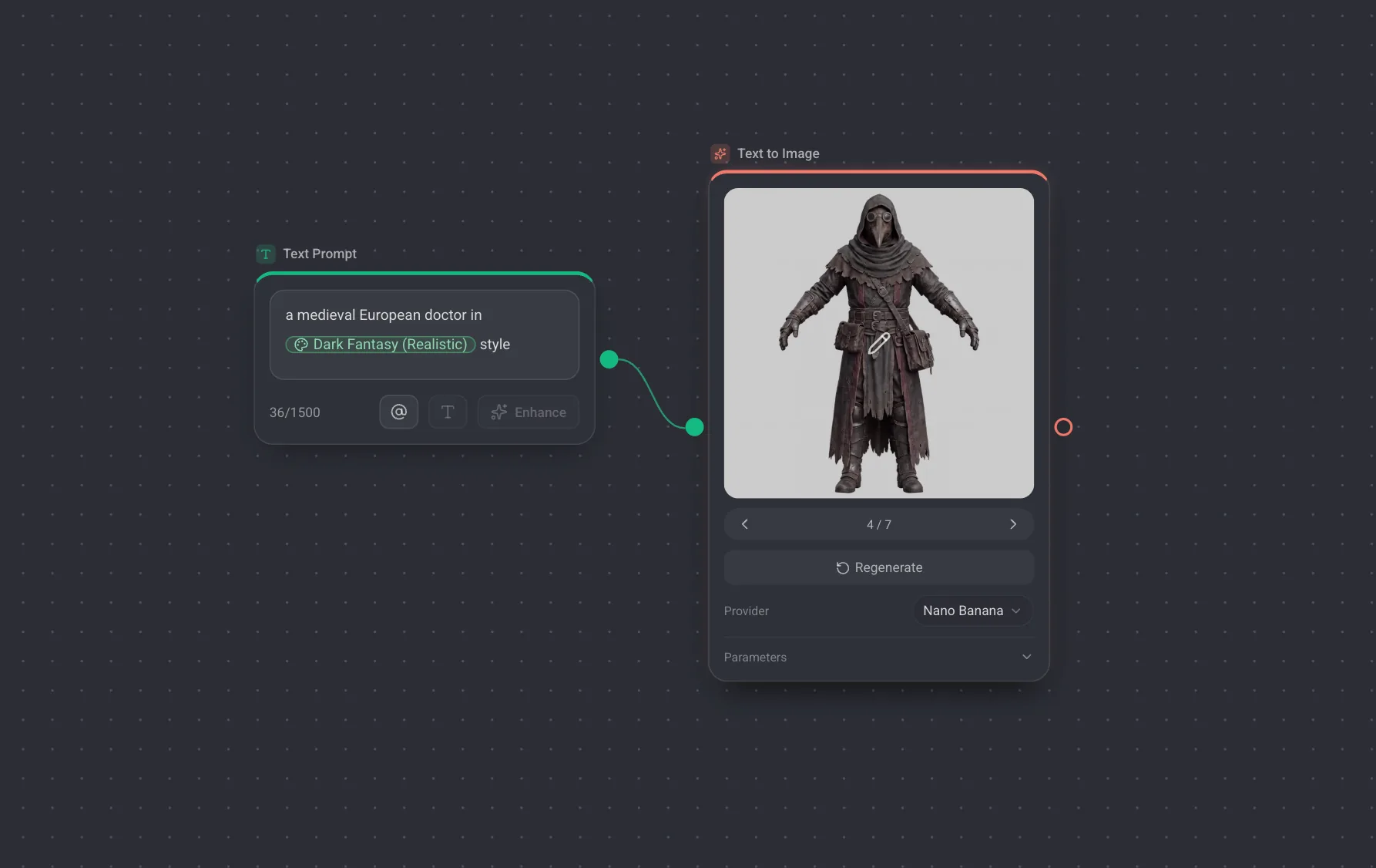 A Text to Image node holding a finished image, with its action buttons visible.