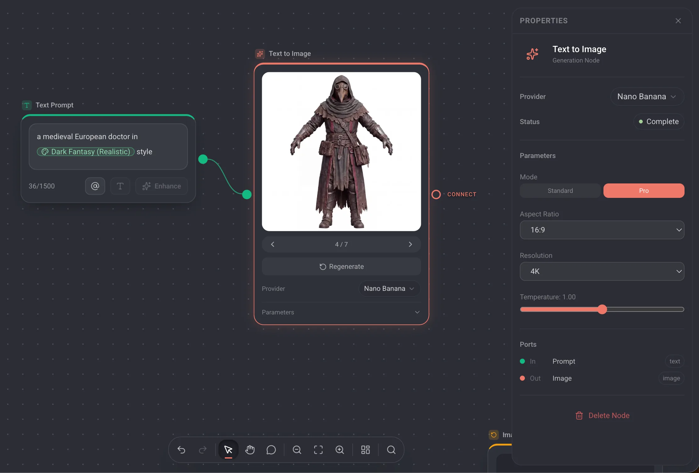 The properties panel open on the right, showing provider and image settings for a selected node.