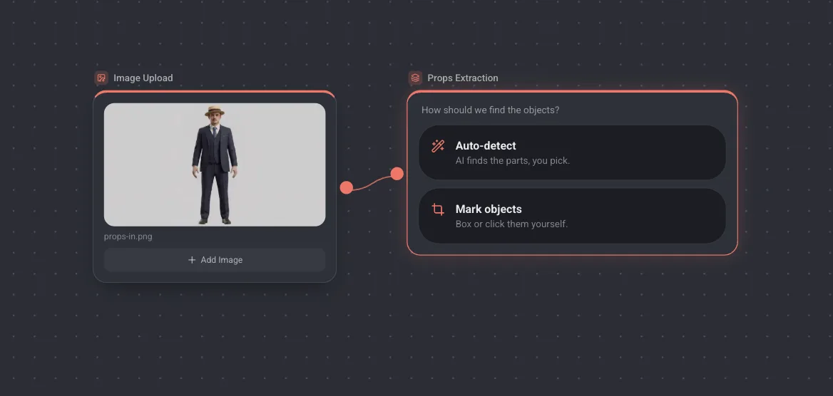 A Props Extraction node asking how the objects should be found, offering Auto-detect and Mark objects.