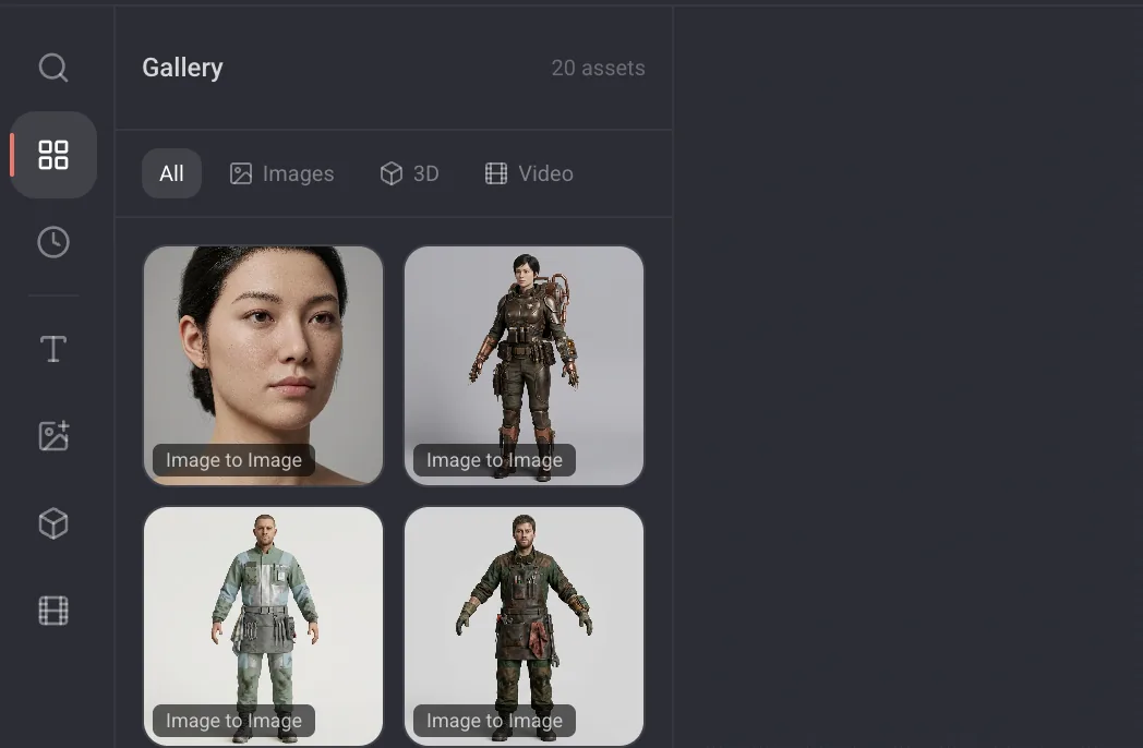The Gallery panel open in the editor, listing images and models from the project.