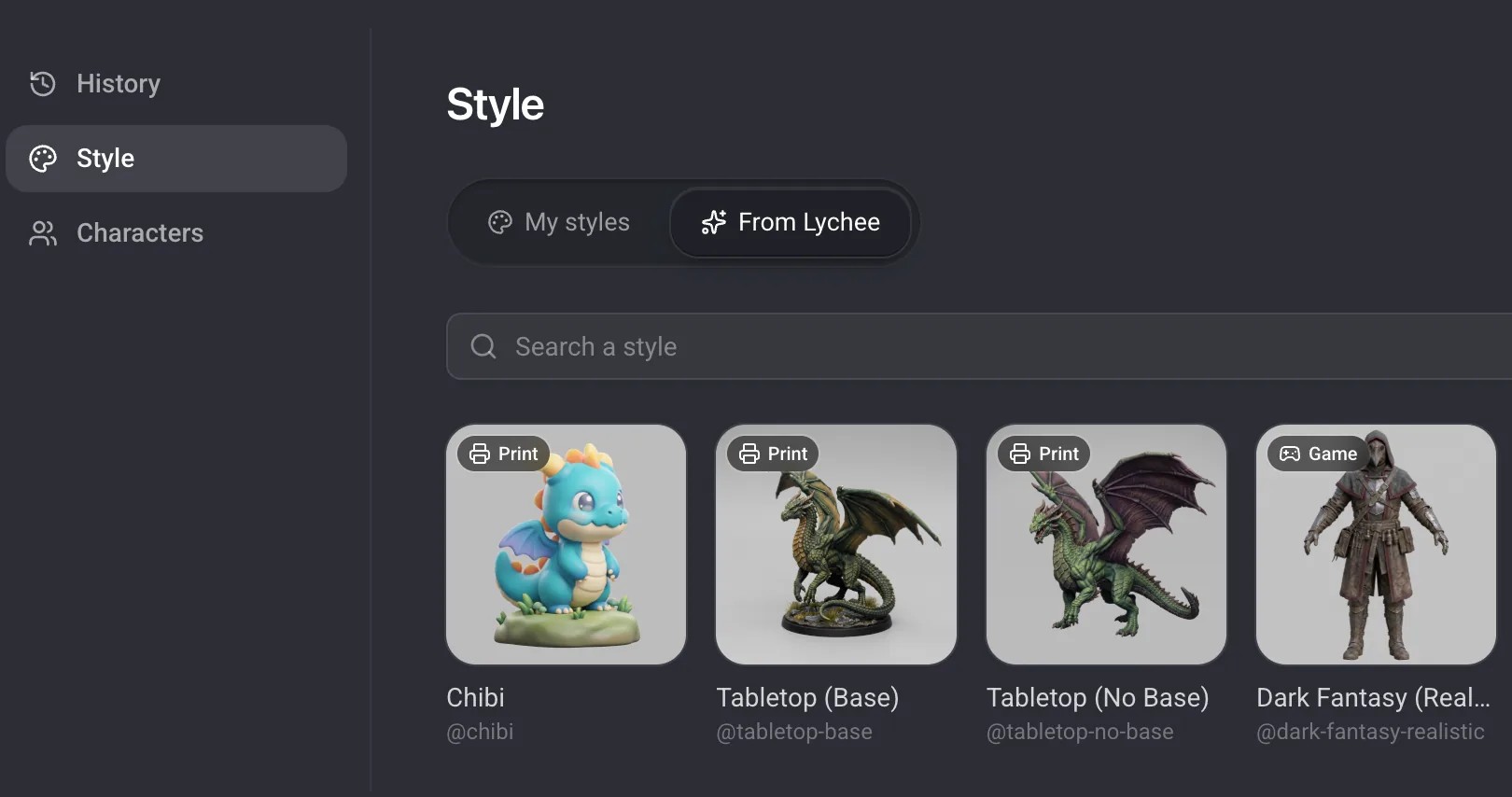 The Library page with the Style tab open, showing saved styles with their handles.
