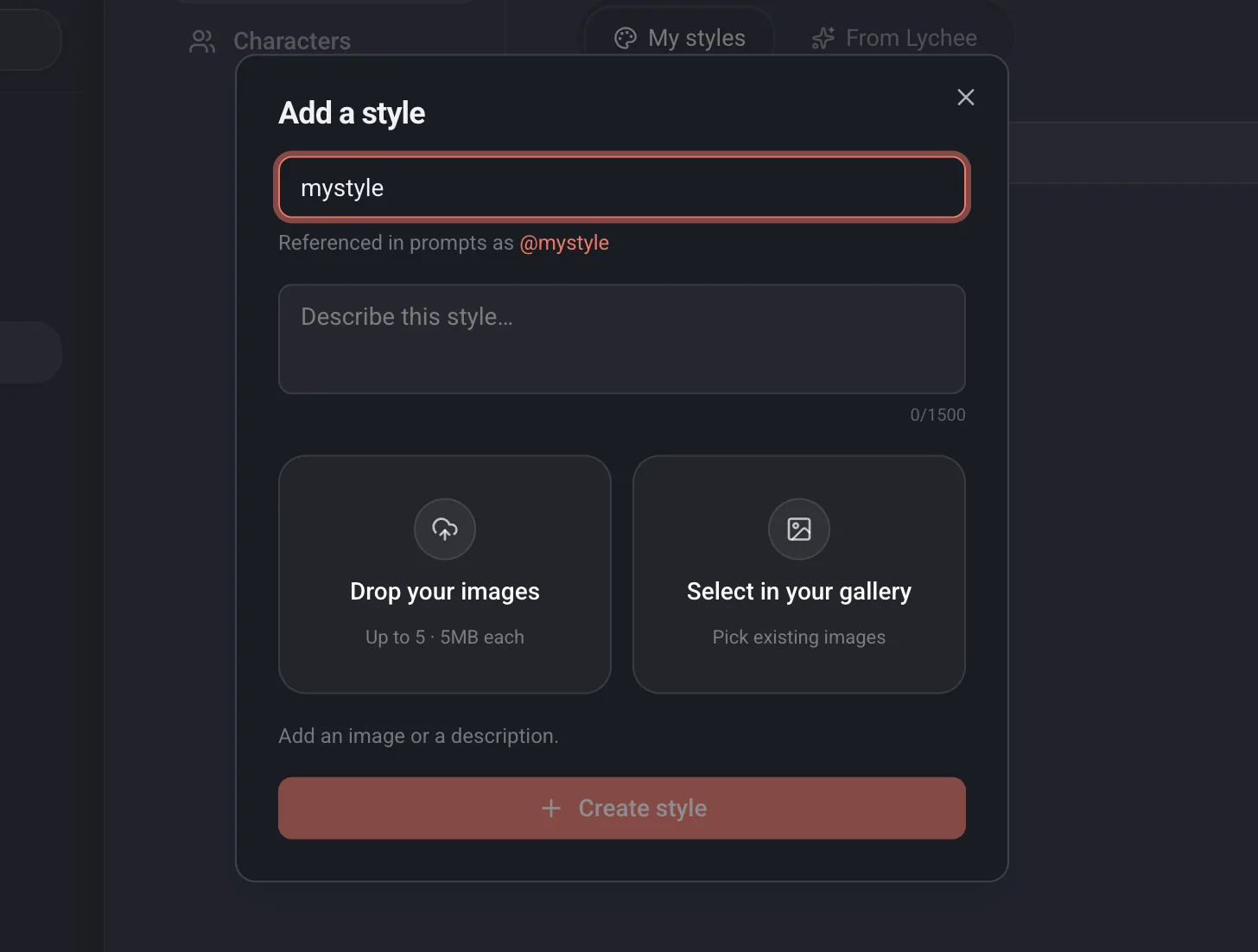 The new style dialog with a name, a description and reference images added.