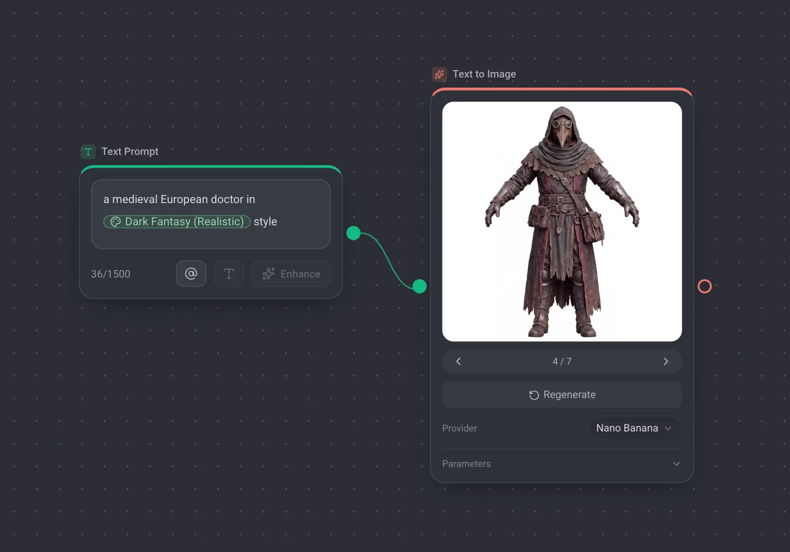 A prompt field on the canvas with the at-mention menu open, listing saved styles and characters.
