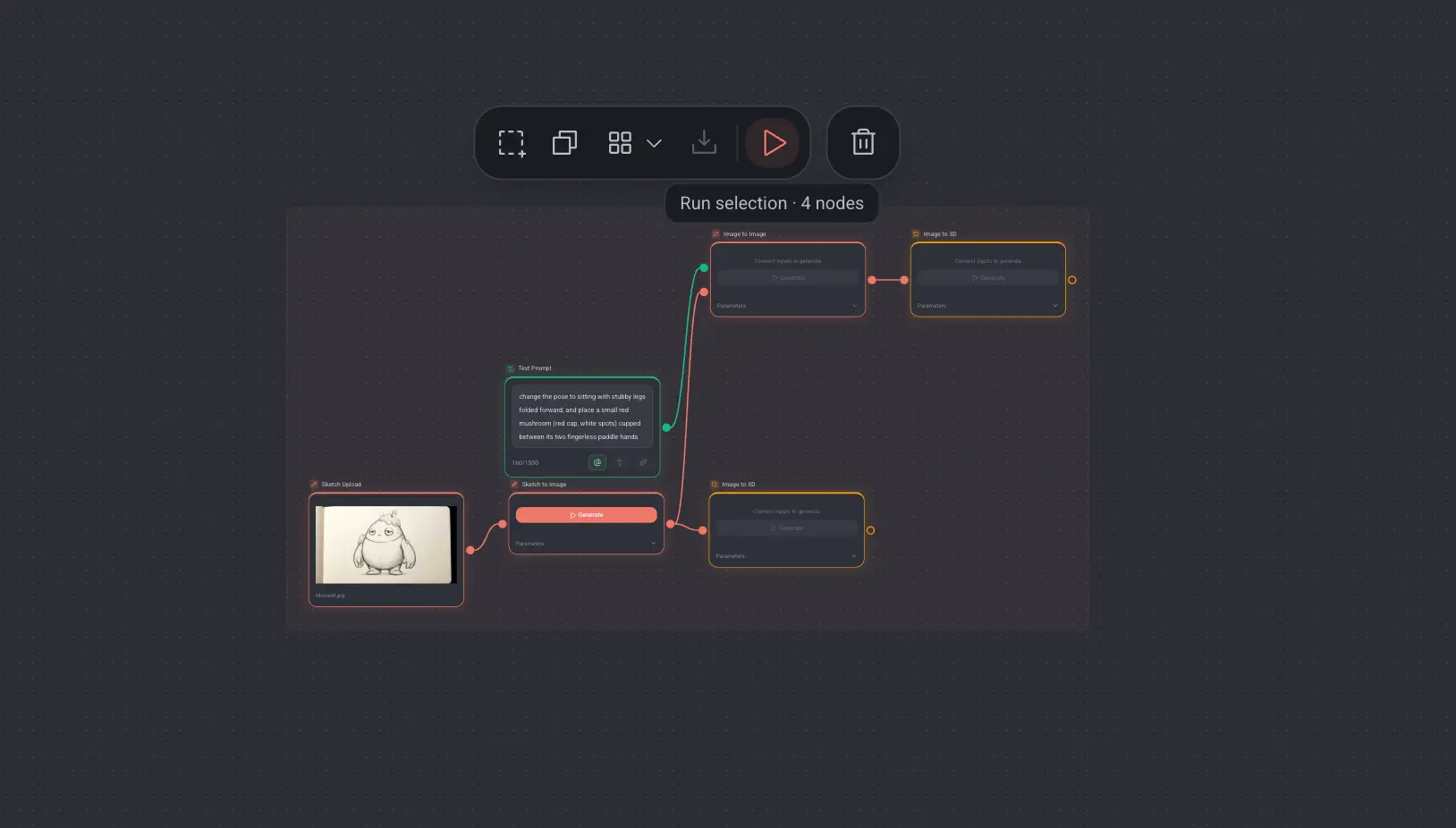 Several nodes selected on the canvas with the run button showing how many will run.