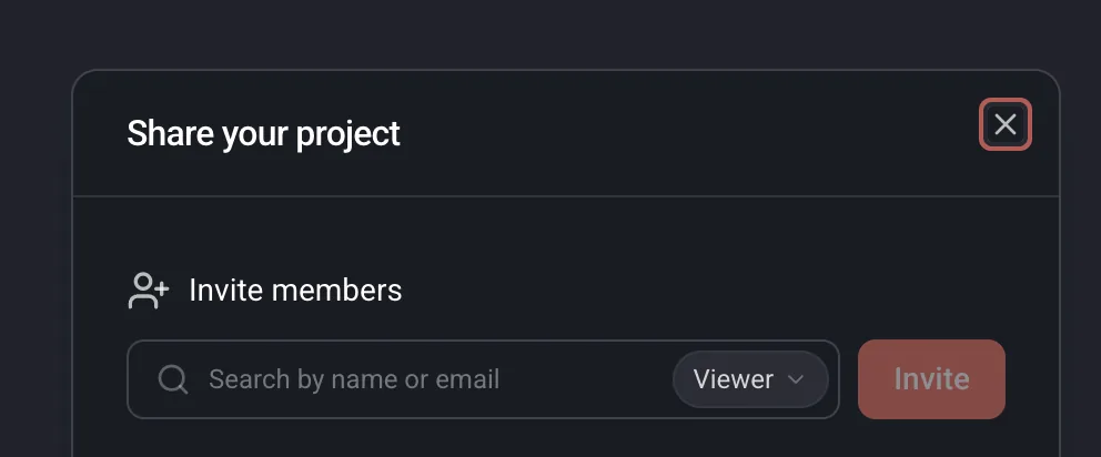 The share modal with the invite field, the people list and the share link section.