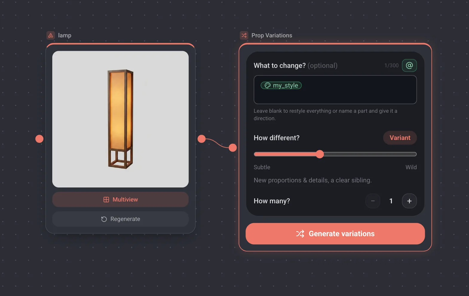 A Prop Variations node with a my_style mention in its direction field, wired to an extracted lamp prop.