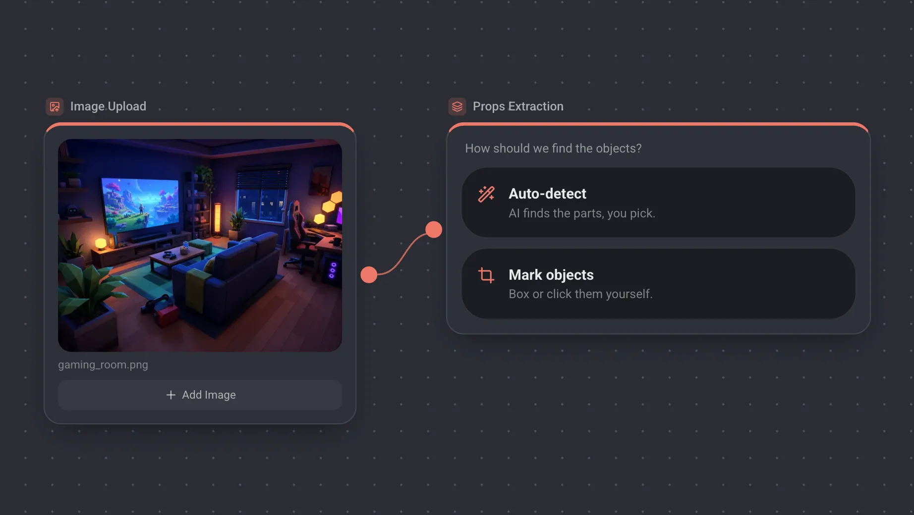 A Props Extraction node asking how the objects should be found, offering Auto-detect and Mark objects, wired to an uploaded room illustration.