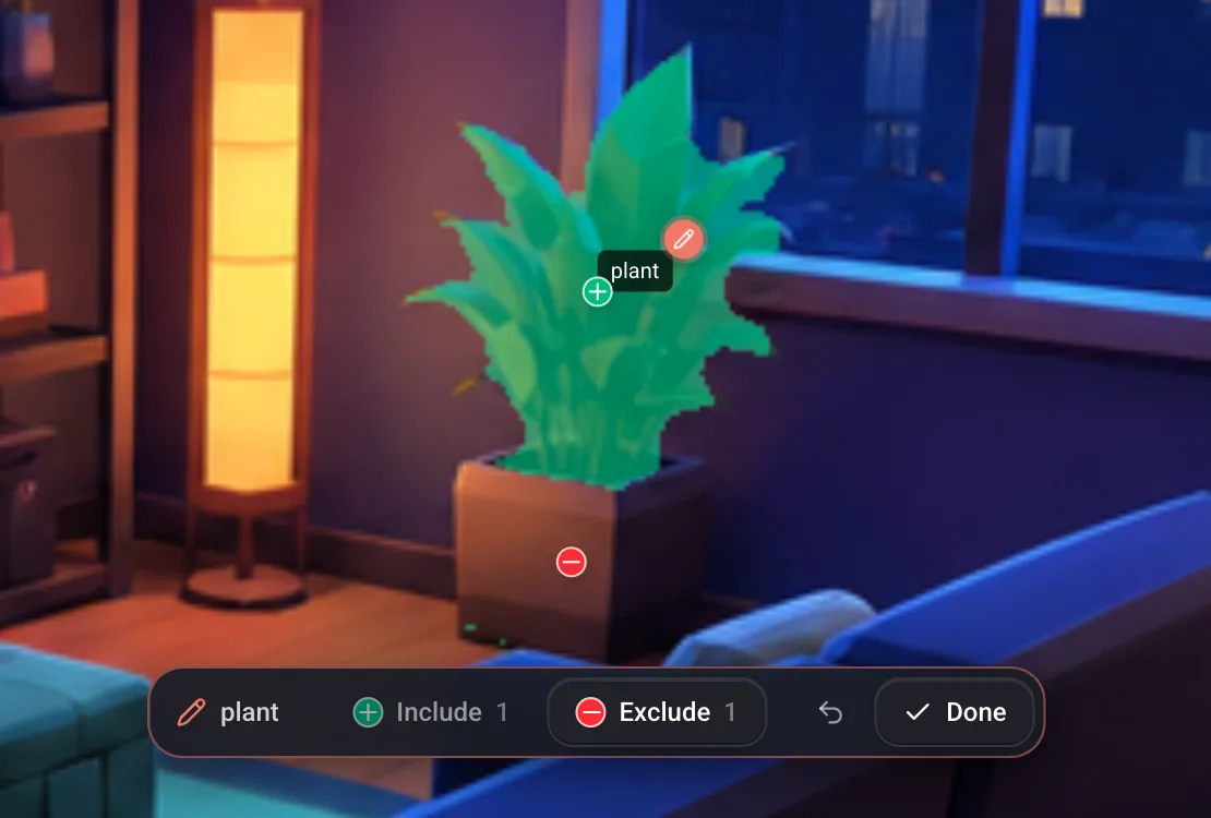 One plant in refine mode, its silhouette highlighted, with a green include mark on a leaf and a red exclude mark on the pot below it.