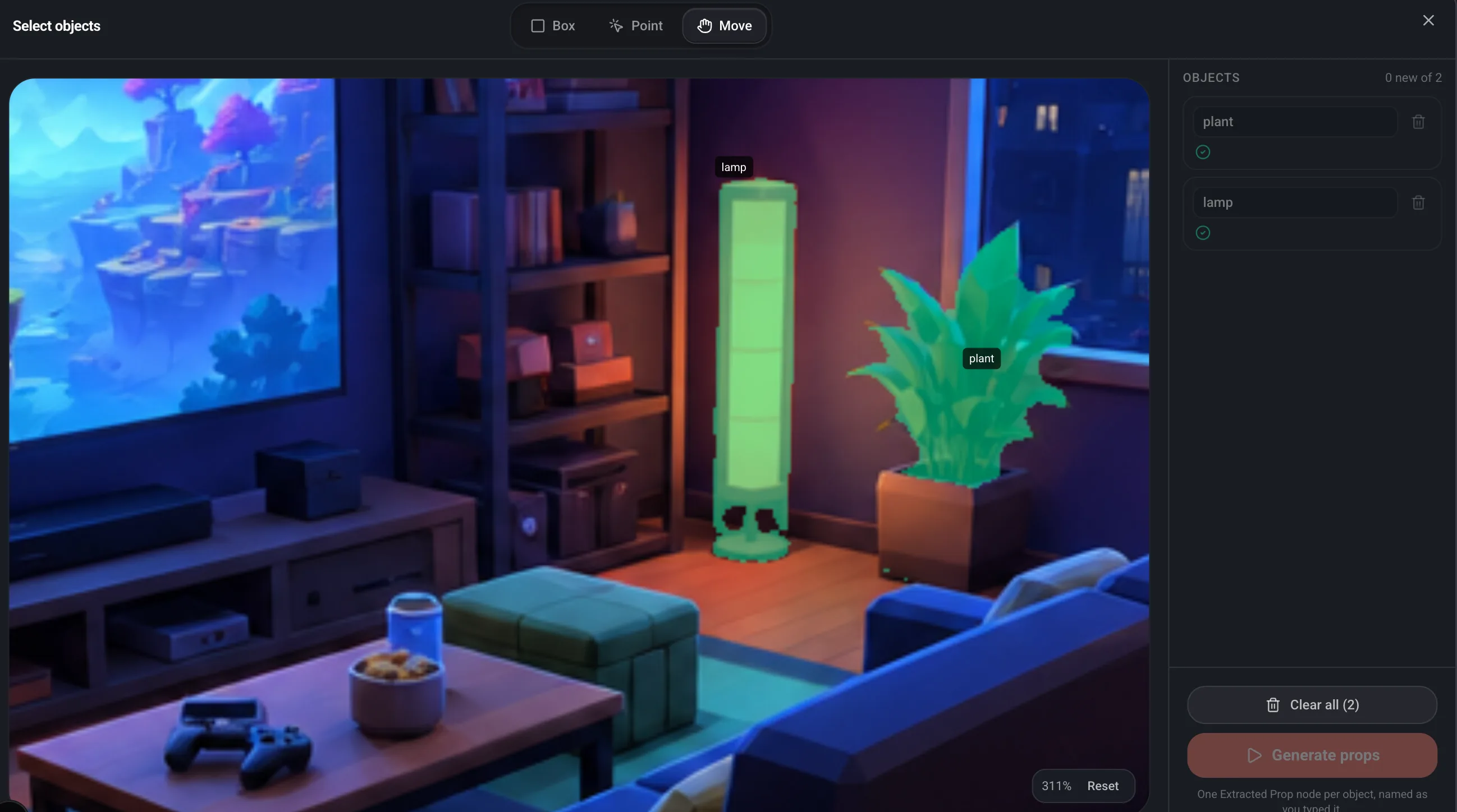 The Select objects window zoomed to 311 percent with the Move tool active, the lamp and plant silhouettes visible, and a Reset control in the corner.